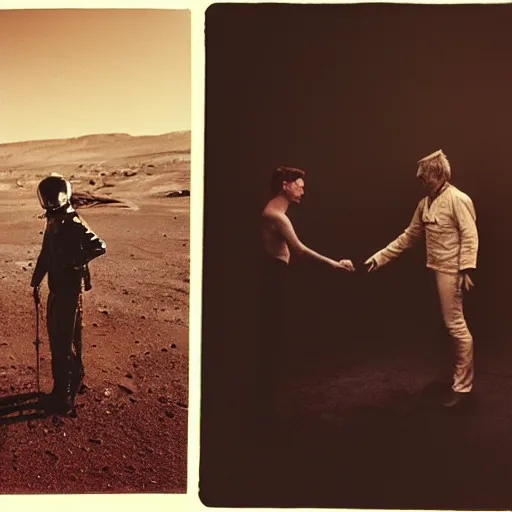 Prompt: wetplate photography, david bowie meeting a starman on mars