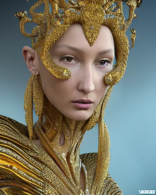 Image similar to a highly detailed metahuman 4 k close up render of an alien goddess bella hadid as goddess in iris van herpen dress schiaparelli in diamonds crystals swarovski and jewelry iridescent in style of alphonse mucha gustav klimt trending on artstation made in unreal engine 4