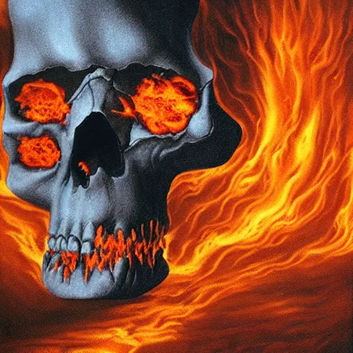 Image similar to an active supervolcano exploding with fire and thick smoke in the shape of a demonic skull, dan seagrave art