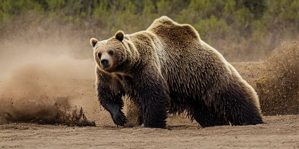 Prompt: A grizzly bear fighting a monster truck in its natural habitat