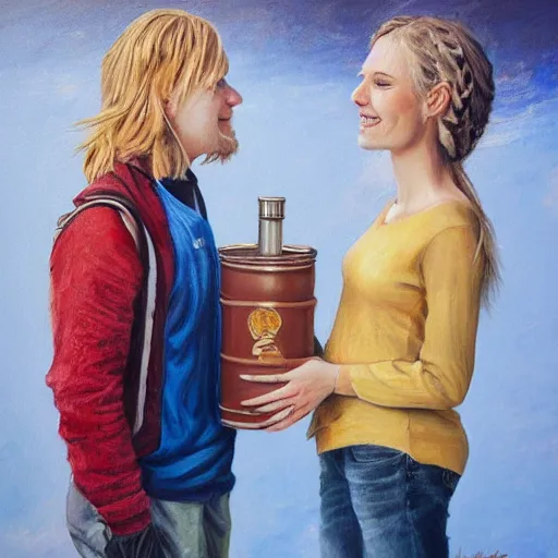 Image similar to a highly detailed painting of a young couple from the side, holding a tin can, hjalteyri iceland, summer, blonde hair, muted colors, joy, trending on artstation,