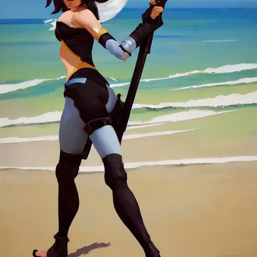 Prompt: greg manchess portrait painting of tracer from overwatch as 2 b nier automata on the beach holding a sword, organic painting, sunny day, matte painting, bold shapes, hard edges, street art, trending on artstation, by huang guangjian and gil elvgren and sachin teng