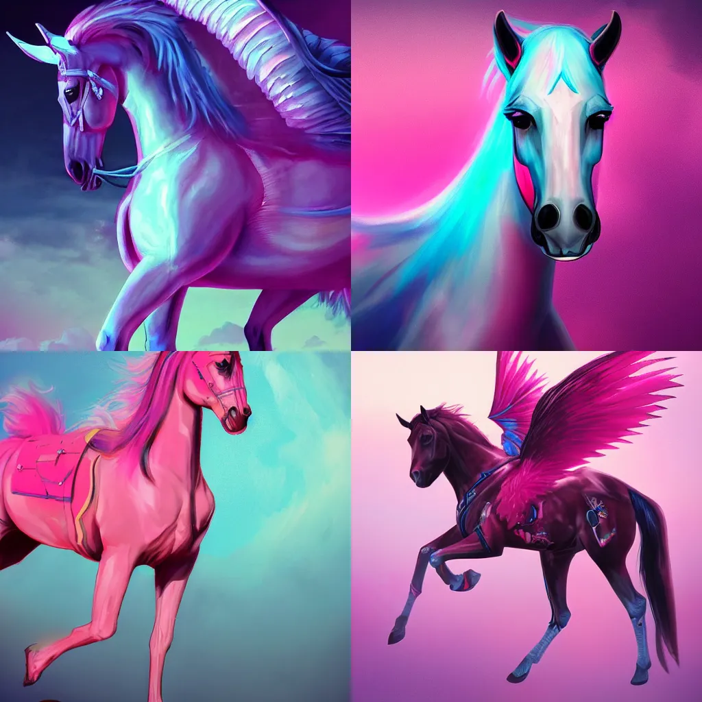 Prompt: horse, pink wings, 🌈, cyber punk, artstation