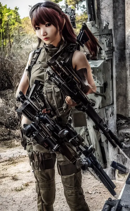 Image similar to an escalating violent firefight, highly detailed, high resolution, cosplay photo, stunning, girls frontline style, bokeh soft, 100mm, trending on instagram, by professional photographer, featuring shishiro botan, realistic human anatomy, real human face, realistic military carrier, modern warfare, realistic weapon, shot with a arriflex 35 ii, low saturation, small human eyes, running pose