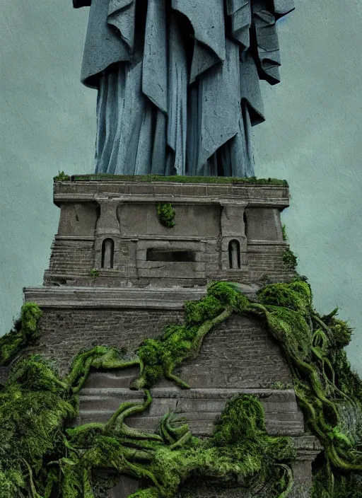 Image similar to hyper detailed painting of the statue of liberty; cracked, decaying, covered in moss and vines; thunderstorm; moody cinematic lighting, painted by Greg Rukowtski, trending on Artstation