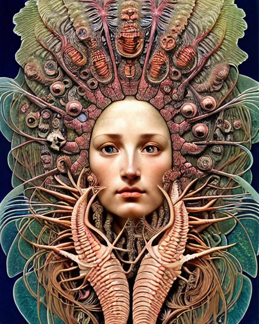 Prompt: hyperrealistic detailed face side portrait of the beautiful goddess of the fish skeletons with an intricate headgear of corals, sea kelp, sea plants, fish, starfish, jellyfish, art by ernst haeckel, john william godward, android jones, alphonso mucha, h. r. giger, gothic - cyberpunk, ornamental, beautiful deep colours,