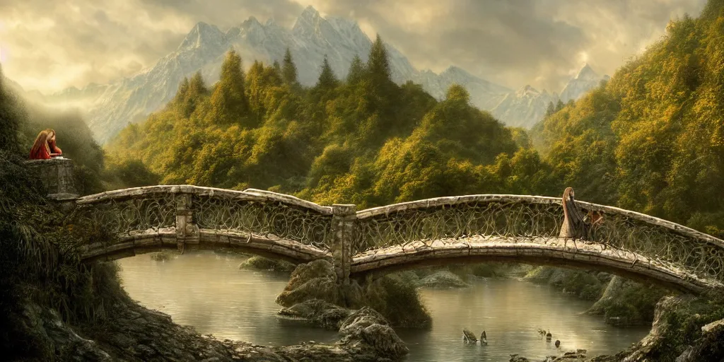 Image similar to , Arwen and Aragorn having a romantic moment on the bridge at Rivendell, evening, detailed matte painting, cinematic, Alan Lee, Artstation