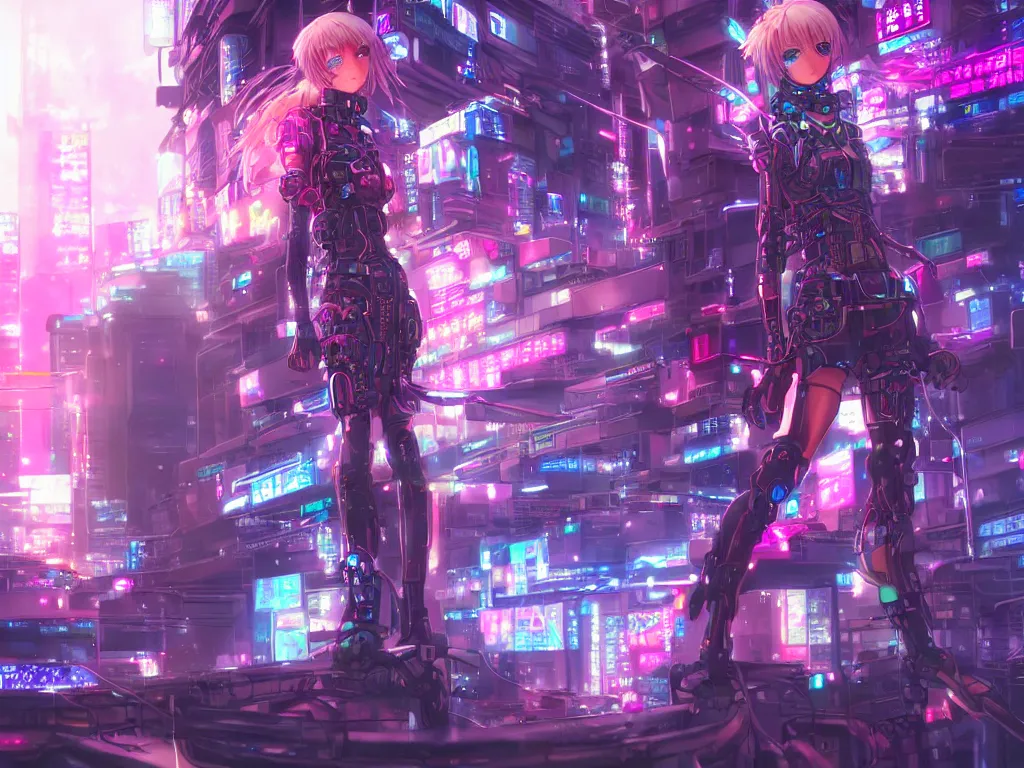 anime cyberpunk girl wearing futuristic outfit in a neon city at