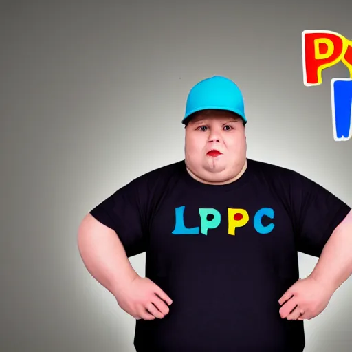 Prompt: very obese man with a t-shirt and blue cap with the letter P, holding a pencil