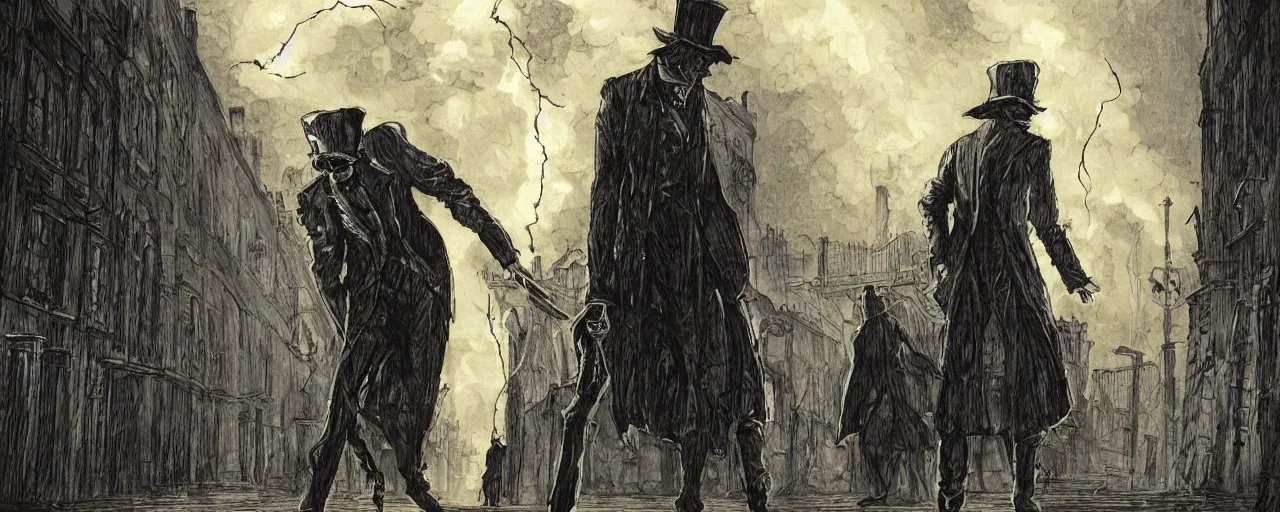 Image similar to Jack the ripper lurking at an innocent victim, 18th century London, streets, horror theme, detailed, elegant, intricate, cinematic lightning