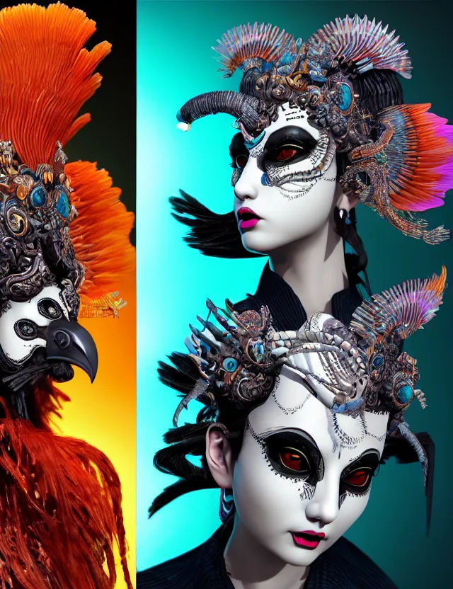 Image similar to 3 d goddess close - up profile portrait punk with mohawk with ram skull. beautiful intricately detailed japanese crow kitsune mask and clasical japanese kimono. betta fish, jellyfish phoenix, bio luminescent, plasma, ice, water, wind, creature, artwork by tooth wu and wlop and beeple and greg rutkowski