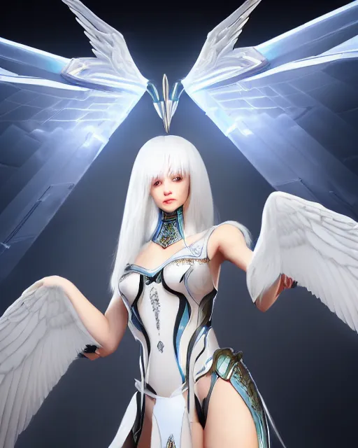 Image similar to perfect white haired attractive egyptian goddess with huge white dove wings, warframe armor, beautiful, symmetric, dreamy, half asian, pretty face, blue eyes, detailed, scifi platform, laboratory, experiment, 4 k, ultra realistic, epic lighting, android body, illuminated, cinematic, masterpiece, art by akihito tsukushi, voidstar