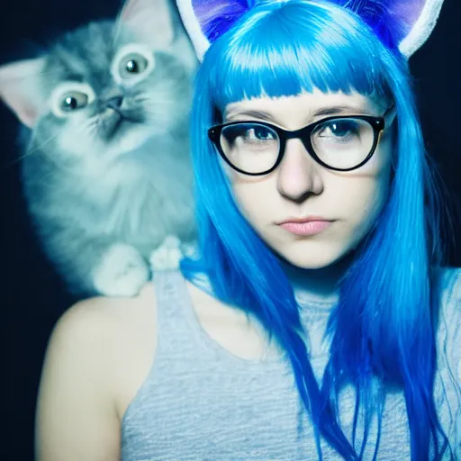 Image similar to photo of a young woman with messy blue hair and cat ears, nerdy, night photography