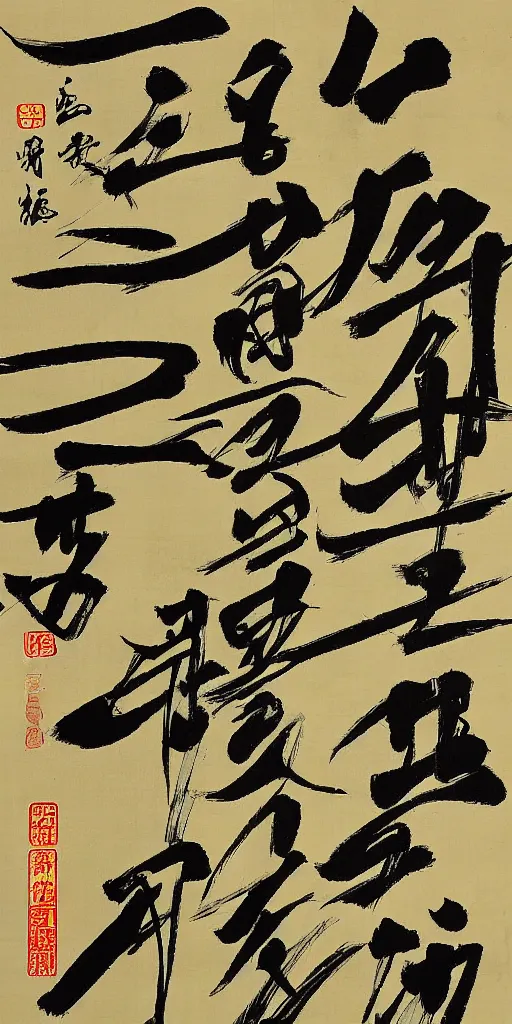 Prompt: a scroll of Chinese calligraphy by Wang Xizhi, black and yellow scheme