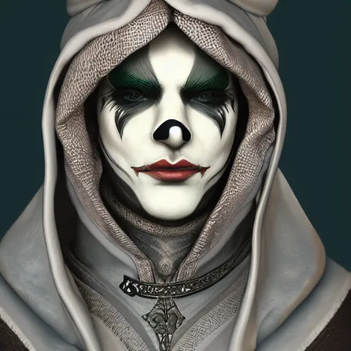 Image similar to a digital art close up portrait of hooded bard with porcelain mask in style of d & d character, handsome warlock with magic character sheet, light clown makeup, 4 k, ultra detail, volumetric lighting, unreal engine, octane render, grimdark