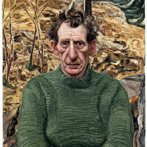 Image similar to a portrait of a character in a scenic environment by lucian freud