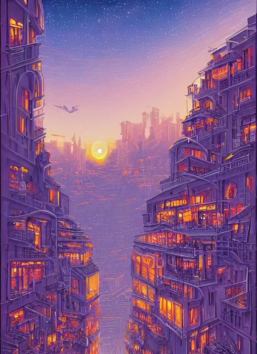 Image similar to ethereal starlit city at sunset, italian futurism, da vinci, Dan Mumford