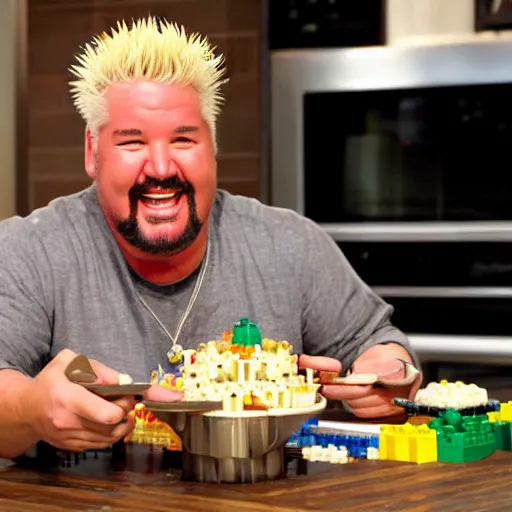 Image similar to guy fieri smiling ear to ear after making a lego food dish