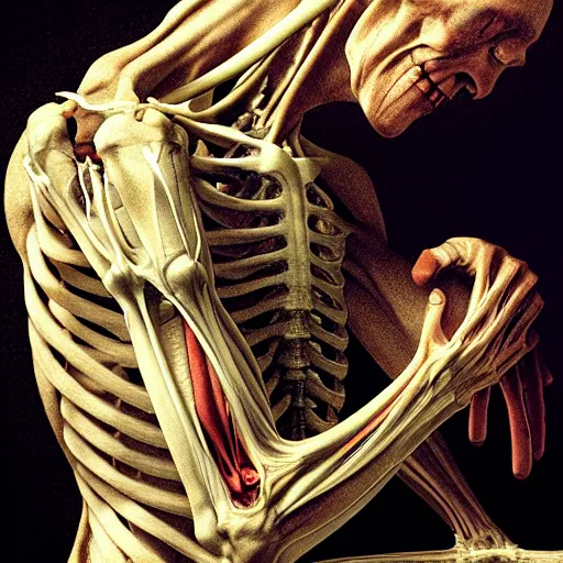 Prompt: Human with translucent skin, visible muscles and human bones and spine and nerves, beautiful detailed intricate insanely detailed octane render, 8K artistic photography, photorealistic, chiaroscuro, by David Cronenberg, Raphael, Caravaggio