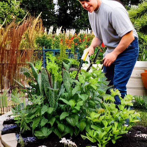 Prompt: a realistic photograph of Crazetopher David Blazing III watering his plants at the Golden hour for home and gardens magazine