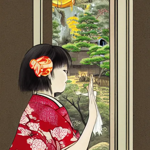 Image similar to zeenchin style painted of a girl in japan, looking out a window at a temple garden filled with yokai and spirits, trending on artstation - w 8 9 6