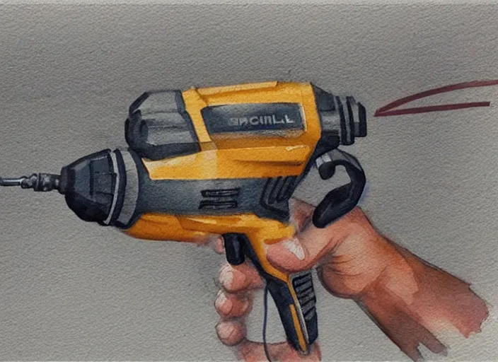 Image similar to concept art of a electril drill tool, pinterest, artstation trending, behance, watercolor, by coby whitmore, silver, laser light,