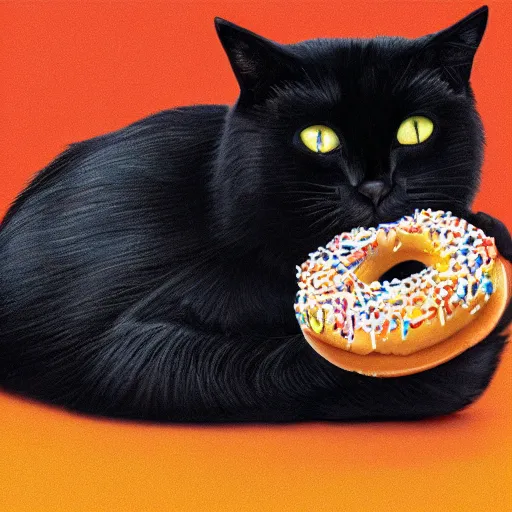 Prompt: a black cat eating a sprinkled donut, highly detailed, beautiful