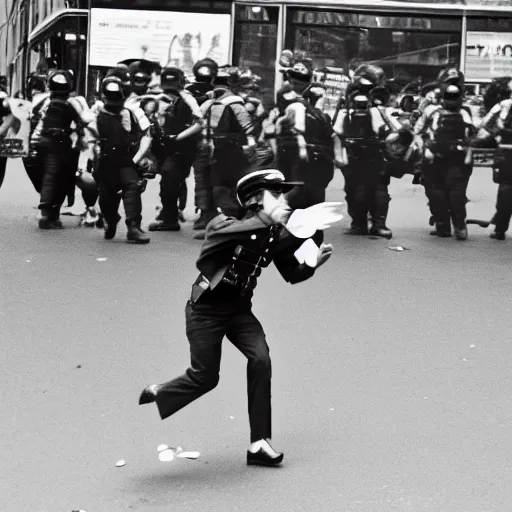 Prompt: a young man throwing a rabbit at a riot cop, leica m 9, voigtlander 3 5 mm, 1 9 6 0 s