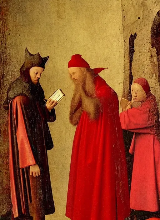 Image similar to fallen angels dressed in red reading the bible and arguing in Tuscany by Jan van Eyck, Hieronymus Bosch, Johannes Vermeer 4k post-processing, highly detailed medieval painting