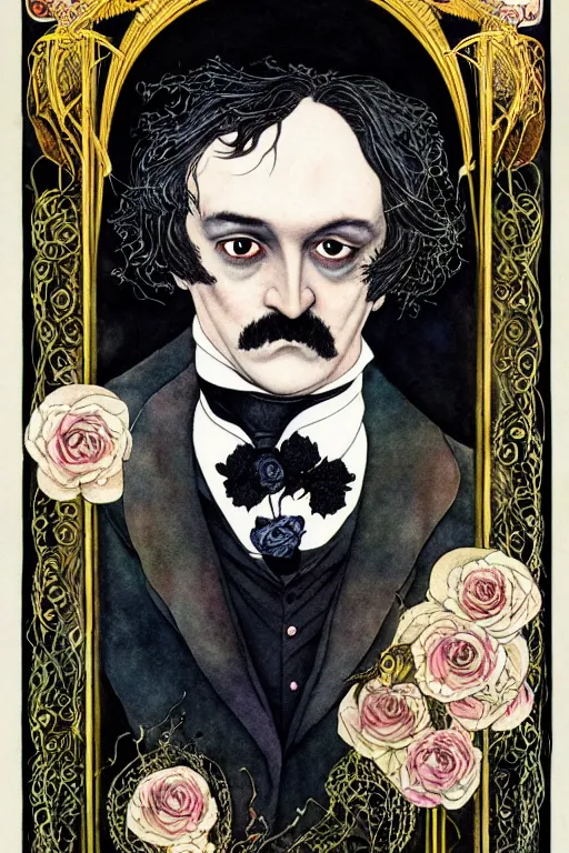 Prompt: realistic portrait of edgar allen poe in the center of an ornate black rose flower frame, detailed art by kay nielsen and walter crane, illustration style, watercolor