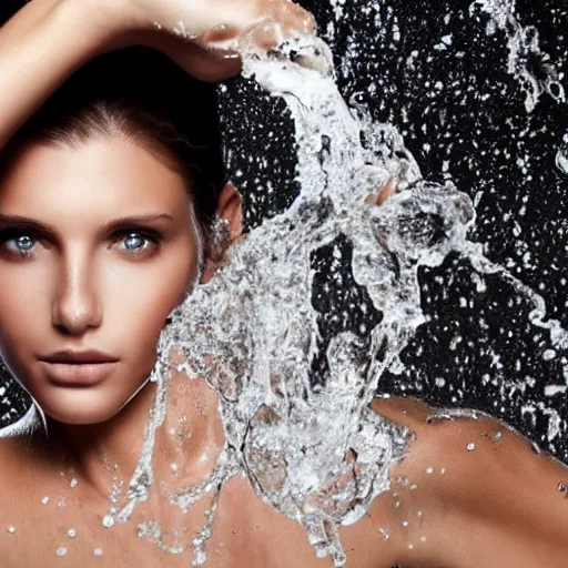 Prompt: A photo of a caucasian female model with water instead of hair