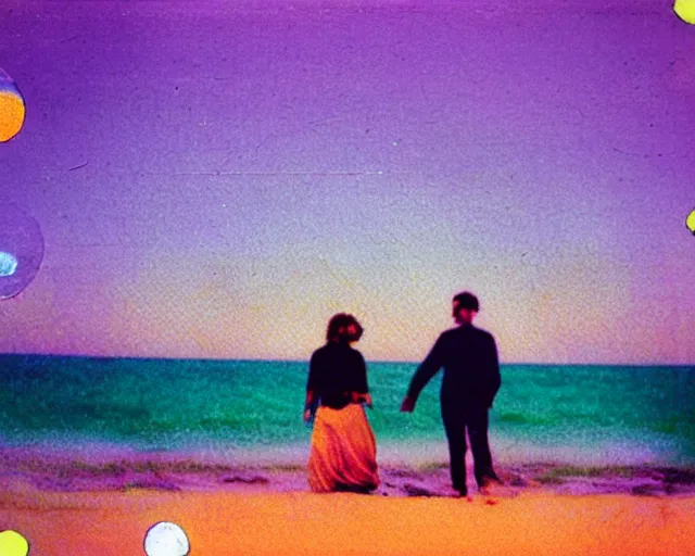 Image similar to a couple walks on the beach, hundreds of multicolored orbs float in the sky, violet and yellow sunset, polaroid photo, whimsical and psychedelic, 1 9 6 0 s, grainy, expired film, glitched