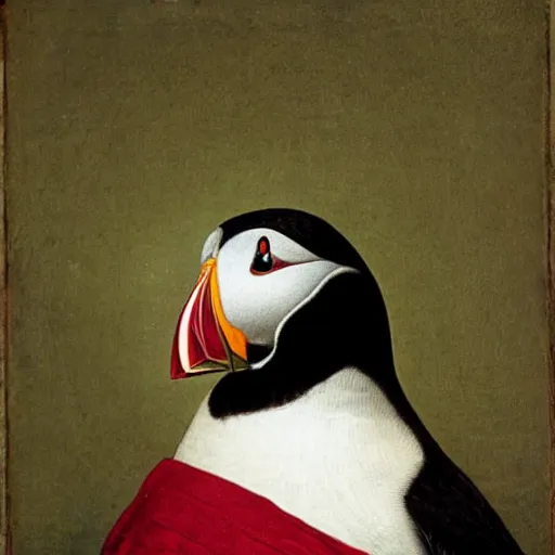 Image similar to “A renaissance style portrait of a puffin in military uniform”