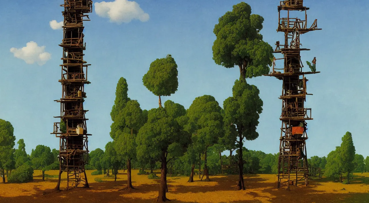 Prompt: single flooded simple wooden tree tower, very coherent and colorful high contrast!! masterpiece by rene magritte simon stalenhag carl spitzweg syd mead norman rockwell edward hopper james gilleard, minimalist, dark shadows, sunny day, hard lighting