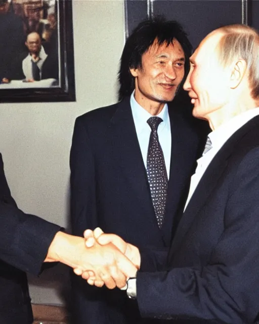 Prompt: sixty years old viktor tsoi in a business suit shaking hands with vladimir putin, joyful look, kremlin russia, color photo, in the style of documentary journalism, mid shot photo, kodak gold