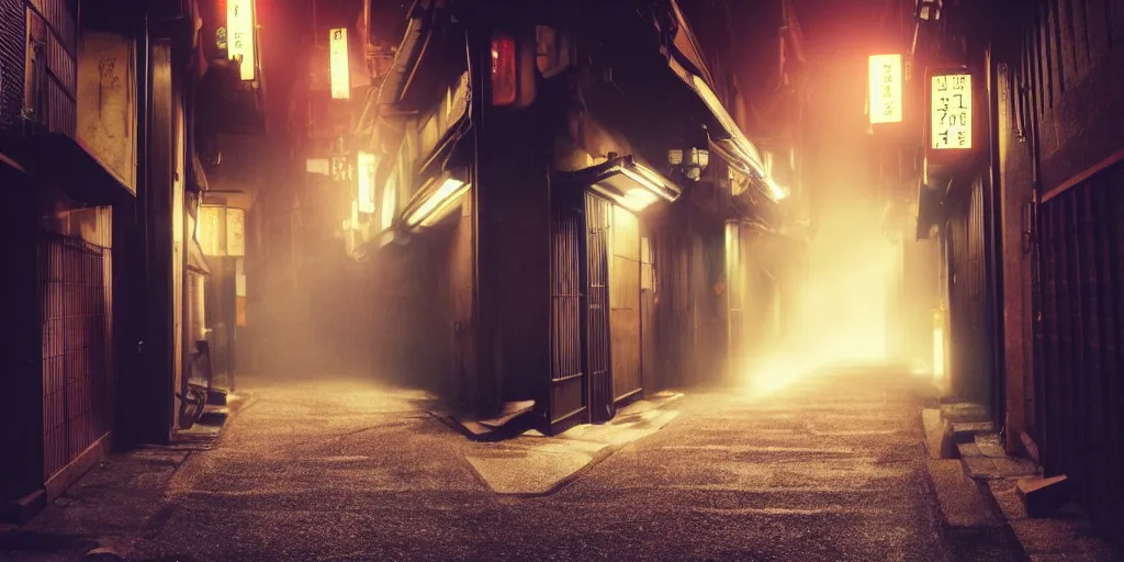 Image similar to a japanese alleyway filled with ghosts, in the style of blade runner 2049, volumetric lighting,