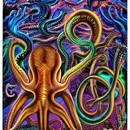 Image similar to strange bestiary of repressed unconscious cephalopod chimeras by Alex grey