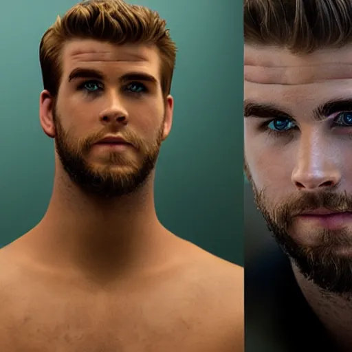 Image similar to “ a realistic detailed photo of a guy who is an attractive humanoid who is half robot and half humanoid, who is a male android, actor liam hemsworth, shiny skin, posing like a statue, blank stare, at the museum, on display ”