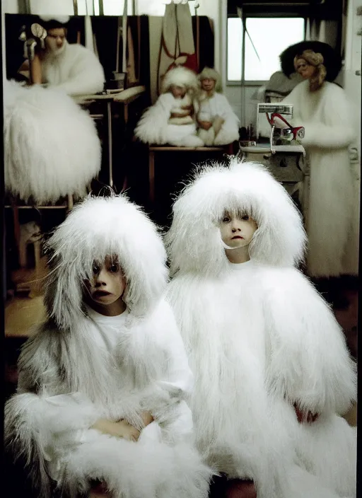 Image similar to realistic photo portrait of the family, white carnival fluffy mask, wearing fluffy cotton cloaks, sitting in the spacious wooden polished and fancy expensive wooden laboratory interior room 1 9 9 0, life magazine reportage photo