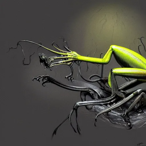 Image similar to yellow dart frog, xenomorph alien, jumping to a leaf, eating a mosquito, by artist giger, concept art for movie, black and white colors, extreme detail, 4 k, detailed concept art, realistic lighting, sharp focus, backlit