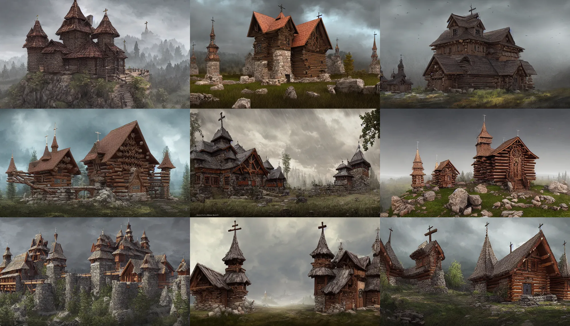 Prompt: proto - slavic tall castle enclosed palisaded, with wooden cristian churches, log houses built on hills, gray skies, hyper - detailed, artstation, cgsociety, 8 k