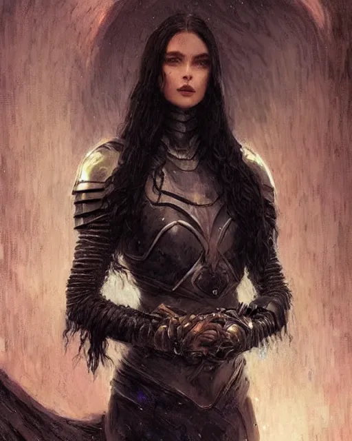 Image similar to a beautiful woman dark hair in an armor with dark eyes, elegant, dark blue, ethereal horror fantasy art by greg rutkowski and magali villeneuve and claude monet detailed