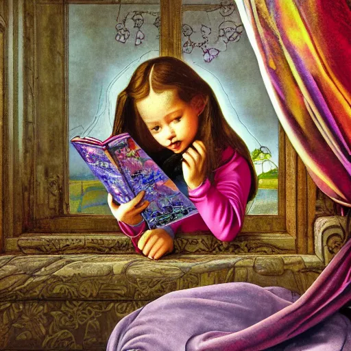 Prompt: illustration of high resolution enchanted beautiful child reading books, portraied inside a futuristic maximalist hyperdetailed room. in the style of Caravaggio, Michelangelo, Paul Gauguin, with flemish baroque vibrant shiny maximalist 3d textures in soft pastel tones. matte background. HD 8x sharp