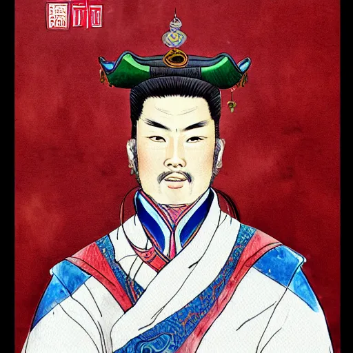 Prompt: a perfect, realistic professional digital sketch of Ming dynasty Chinese general in style of Marvel, full length, by pen and watercolor, by a professional French artist on ArtStation, on high-quality paper