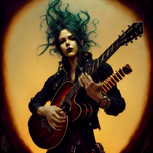Image similar to portrait painting of a punk snake bard with a guitar, ultra realistic, concept art, intricate details, eerie, highly detailed, photorealistic, octane render, 8 k, unreal engine. art by artgerm and greg rutkowski and charlie bowater and magali villeneuve and alphonse mucha