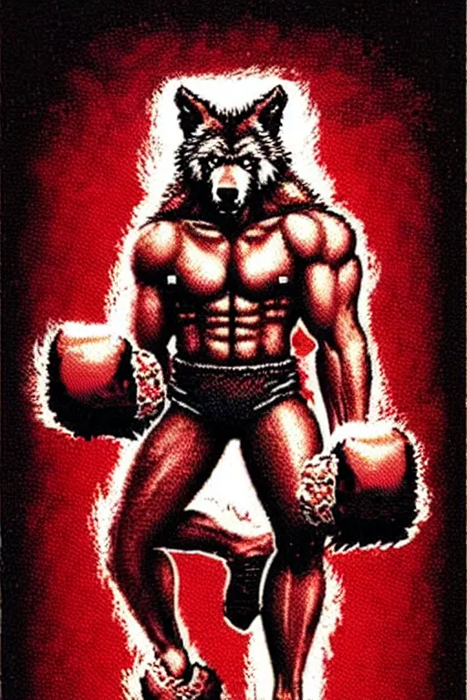 Prompt: extreme long shot. 8 bit nes graphics. 8 0's. vhs artefacts. antropomorphic muscular masculine wolf. kickboxer fighter, in shorts. wolf head. angry. fine details, very sharp, art from nes game cartridge, vaporwave style, marc simonetti and hermann nitsch and anish kapoor.