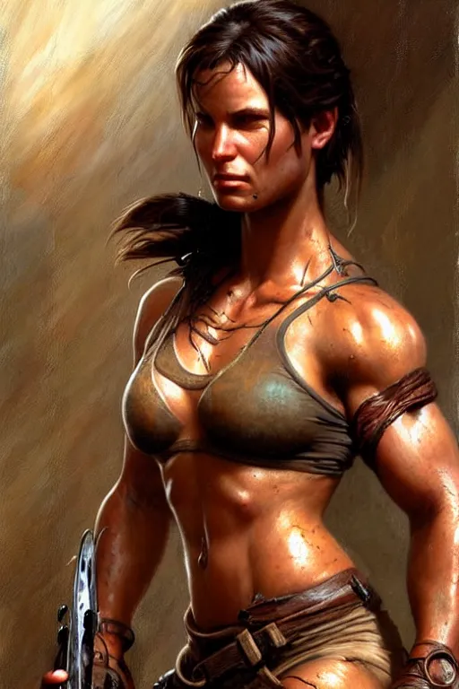 Image similar to muscular sweat lara croft, covers with mud exhausted face close up, highly detailed painting by gaston bussiere, craig mullins, j. c. leyendecker 8 k