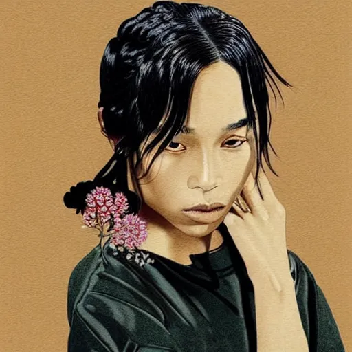 Image similar to “ zoe kravitz portrait by ikenaga yasunari and ayana otake and ko rakusui, drawing, realistic, sharp focus, japanese, dreamy, nostalgia, faded, golden hues, floral clothes ”