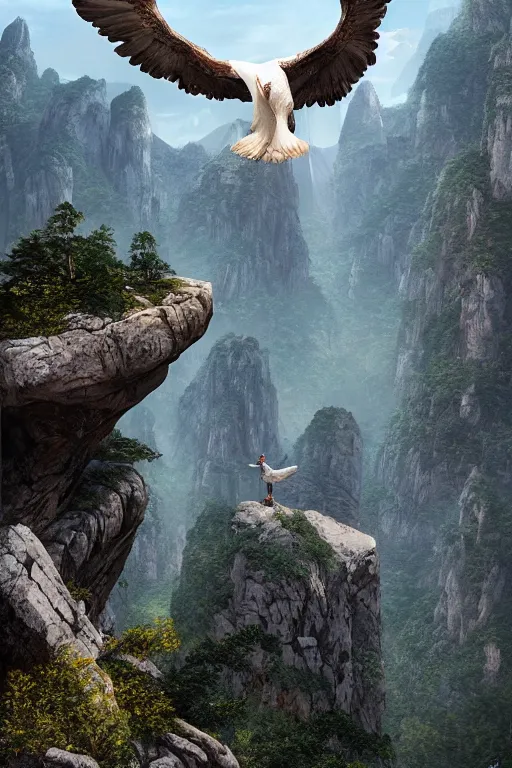 Image similar to portrait, white eagle flying over the huashan trail, dramatic lighting, cinematic, establishing shot, extremly high detail, photo realistic, cinematic lighting, post processed, concept art, artstation, matte painting, style by eddie mendoza, raphael lacoste, alex ross