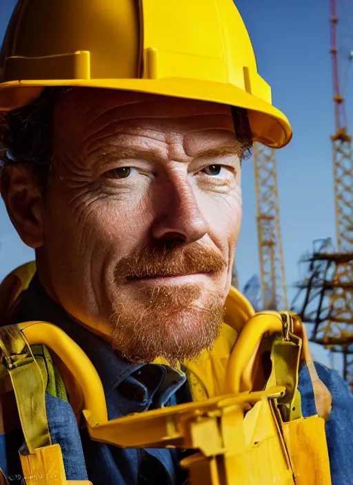 Prompt: closeup portrait of mecha bryan cranston with construction crane arms, yellow hardhat, sitting in a crane, natural light, bloom, detailed face, magazine, press, photo, steve mccurry, david lazar, canon, nikon, focus